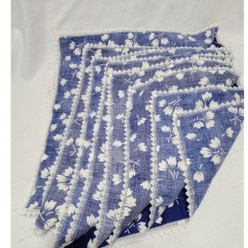 Vintage Blue White Floral Cloth Napkins Set of 8 Lace Trim Farmhouse Cottagecore
